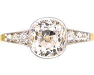 Early 20th Century 18ct Gold & Platinum Old Mine Cut Diamond Solitaire Ring with Diamond set Shoulders