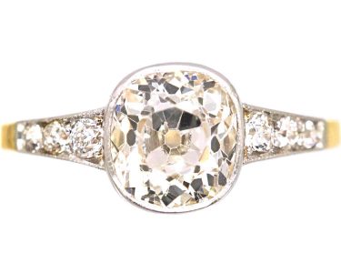 Early 20th Century 18ct Gold & Platinum Old Mine Cut Diamond Solitaire Ring with Diamond set Shoulders