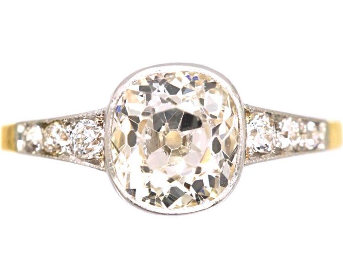 Early 20th Century 18ct Gold & Platinum Old Mine Cut Diamond Solitaire Ring with Diamond set Shoulders