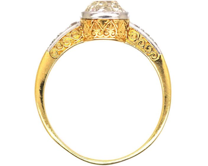 Early 20th Century 18ct Gold & Platinum Old Mine Cut Diamond Solitaire Ring with Diamond set Shoulders