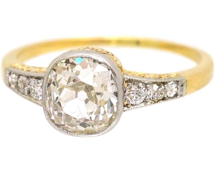 Early 20th Century 18ct Gold & Platinum Old Mine Cut Diamond Solitaire Ring with Diamond set Shoulders