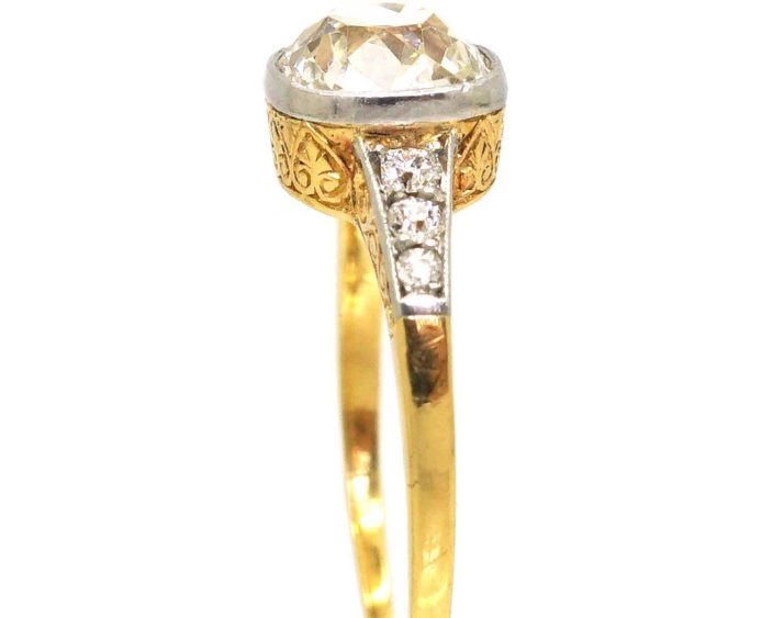 Early 20th Century 18ct Gold & Platinum Old Mine Cut Diamond Solitaire Ring with Diamond set Shoulders