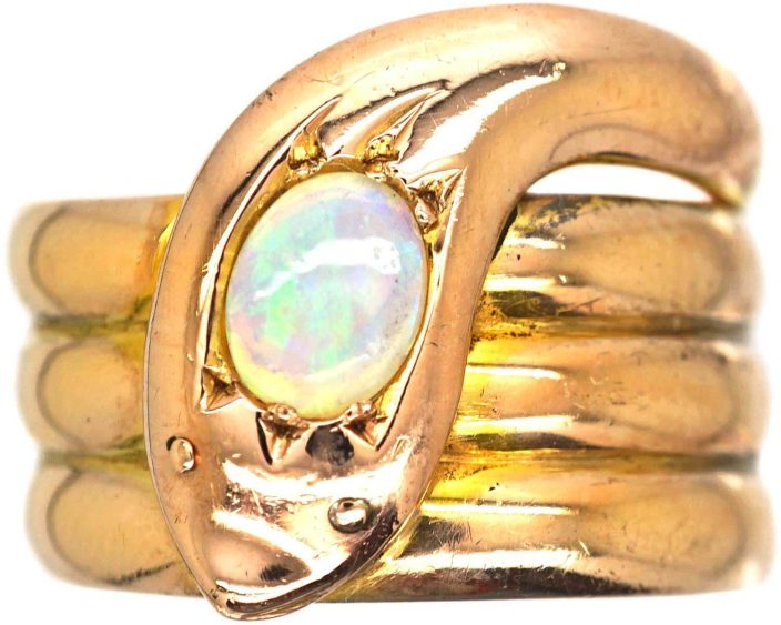 Early 20th Century 9ct Large Gold Snake Ring set with an Opal