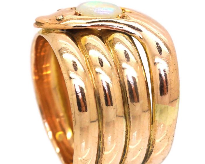 Early 20th Century 9ct Large Gold Snake Ring set with an Opal