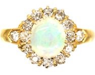 Edwardian 18ct Opal & Diamond Cluster Ring with Diamond set Shoulders