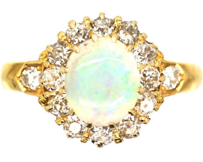 Edwardian 18ct Opal & Diamond Cluster Ring with Diamond set Shoulders