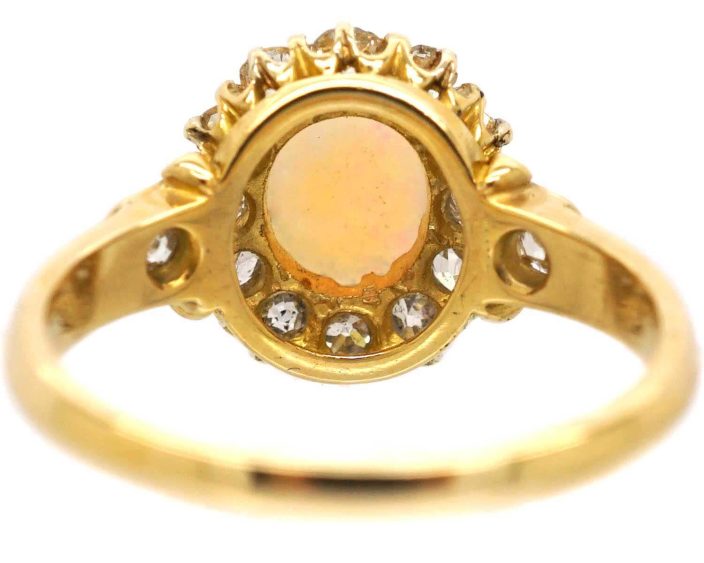 Edwardian 18ct Opal & Diamond Cluster Ring with Diamond set Shoulders