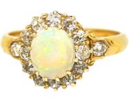 Edwardian 18ct Opal & Diamond Cluster Ring with Diamond set Shoulders