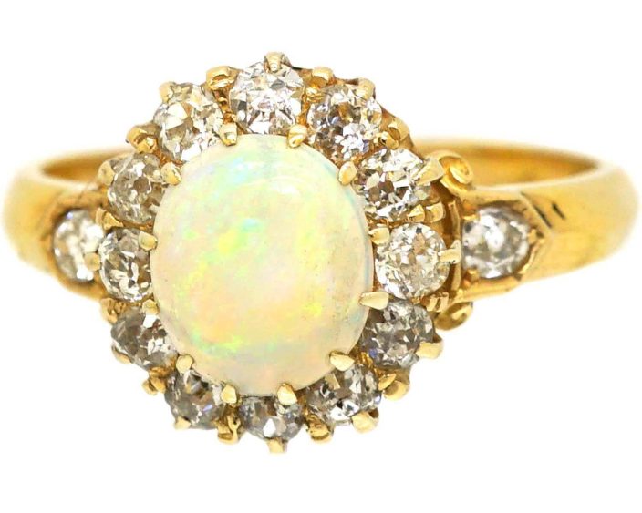 Edwardian 18ct Opal & Diamond Cluster Ring with Diamond set Shoulders
