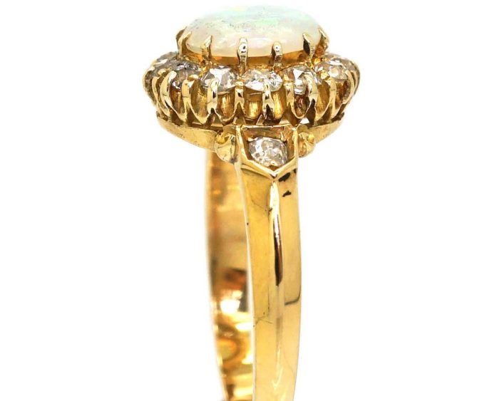 Edwardian 18ct Opal & Diamond Cluster Ring with Diamond set Shoulders