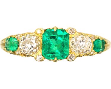 Victorian 18ct Gold Five Stone Emerald & Diamond Carved Half Hoop Ring