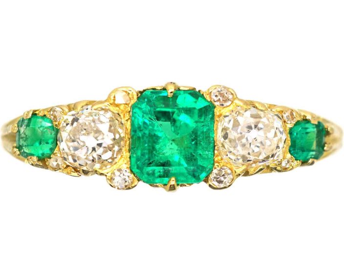 Victorian 18ct Gold Five Stone Emerald & Diamond Carved Half Hoop Ring