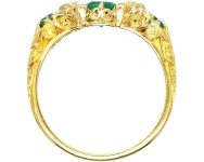 Victorian 18ct Gold Five Stone Emerald & Diamond Carved Half Hoop Ring