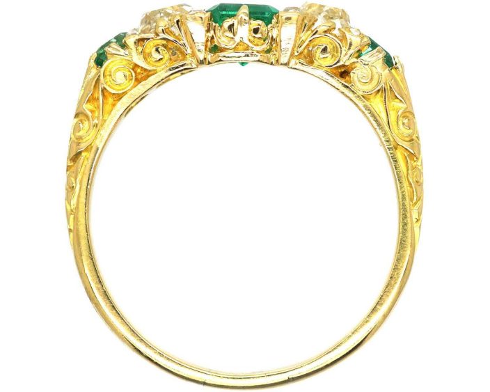Victorian 18ct Gold Five Stone Emerald & Diamond Carved Half Hoop Ring