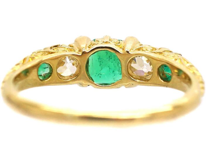 Victorian 18ct Gold Five Stone Emerald & Diamond Carved Half Hoop Ring