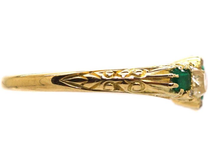 Victorian 18ct Gold Five Stone Emerald & Diamond Carved Half Hoop Ring
