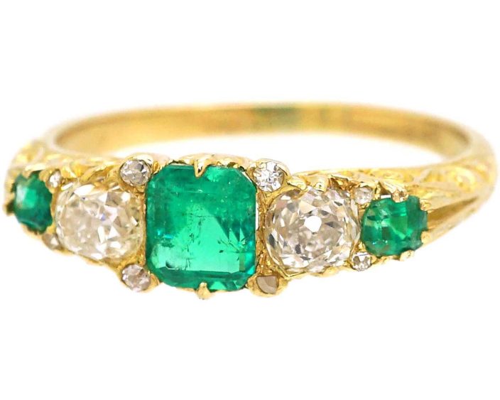Victorian 18ct Gold Five Stone Emerald & Diamond Carved Half Hoop Ring