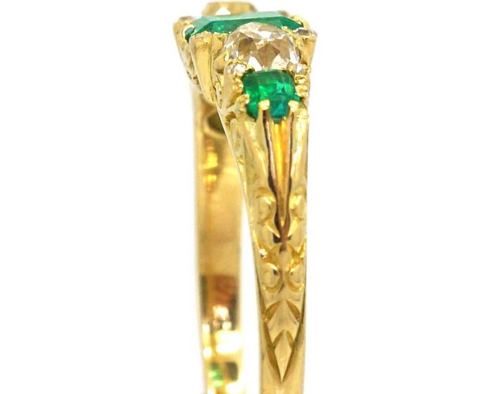 Victorian 18ct Gold Five Stone Emerald & Diamond Carved Half Hoop Ring