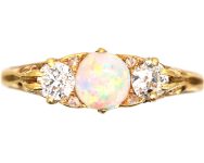 Edwardian 18ct Gold Opal & Diamond Three Stone Carved Half Hoop Ring