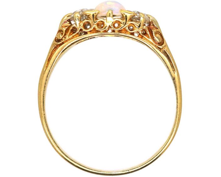 Edwardian 18ct Gold Opal & Diamond Three Stone Carved Half Hoop Ring