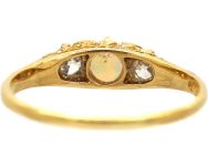 Edwardian 18ct Gold Opal & Diamond Three Stone Carved Half Hoop Ring