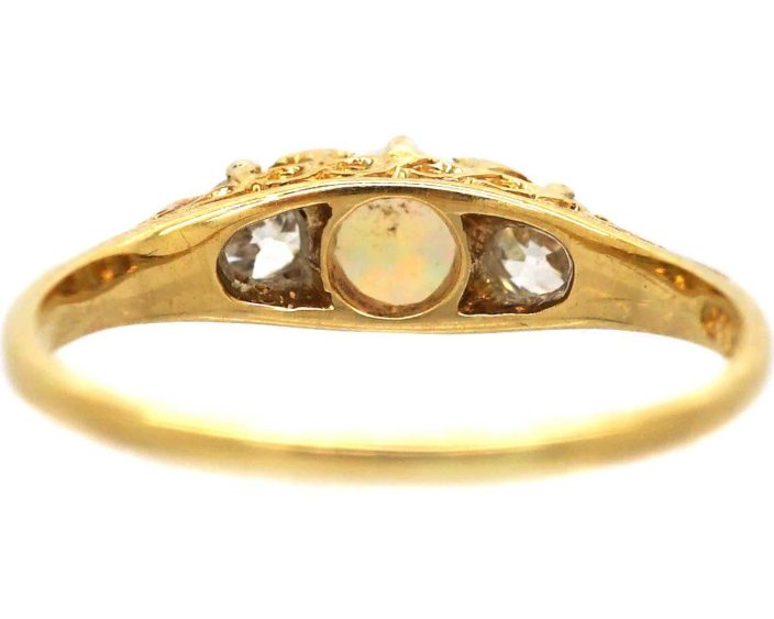 Edwardian 18ct Gold Opal & Diamond Three Stone Carved Half Hoop Ring