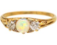 Edwardian 18ct Gold Opal & Diamond Three Stone Carved Half Hoop Ring