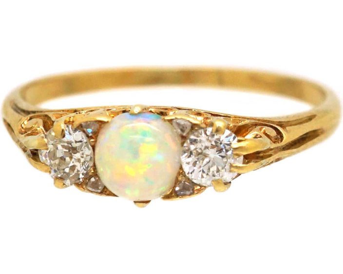 Edwardian 18ct Gold Opal & Diamond Three Stone Carved Half Hoop Ring