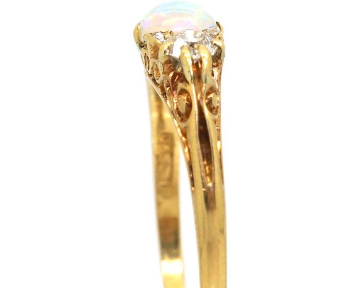 Edwardian 18ct Gold Opal & Diamond Three Stone Carved Half Hoop Ring
