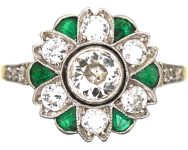 Art Deco 18ct Gold & Platinum, Emerald & Diamond Cluster Ring with Diamond set Shoulders