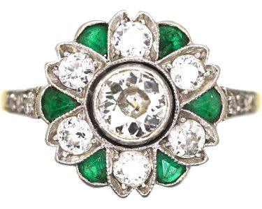 Art Deco 18ct Gold & Platinum, Emerald & Diamond Cluster Ring with Diamond set Shoulders
