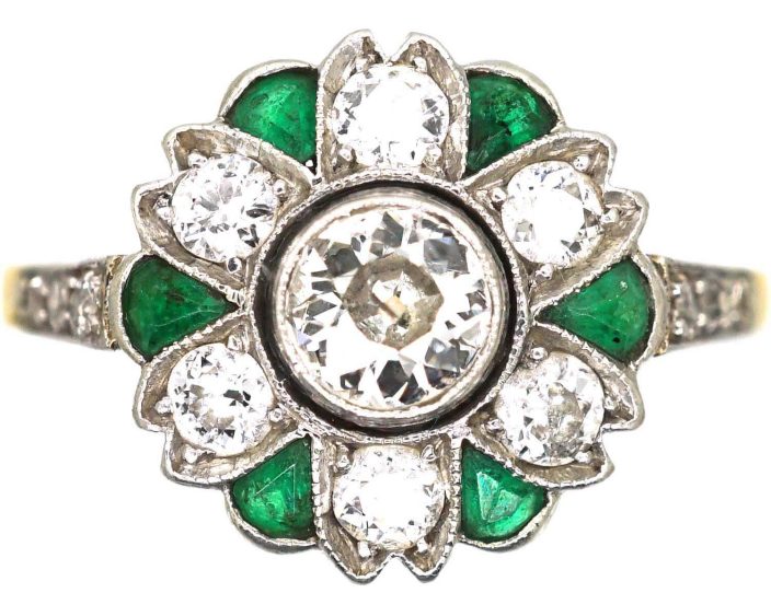 Art Deco 18ct Gold & Platinum, Emerald & Diamond Cluster Ring with Diamond set Shoulders