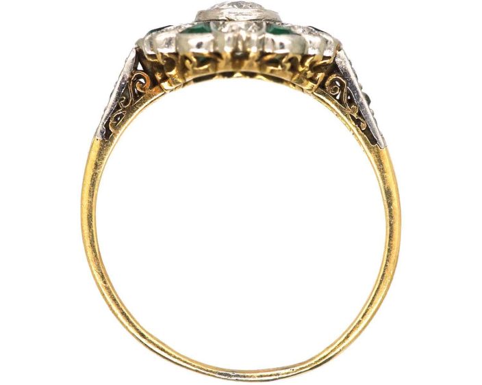 Art Deco 18ct Gold & Platinum, Emerald & Diamond Cluster Ring with Diamond set Shoulders