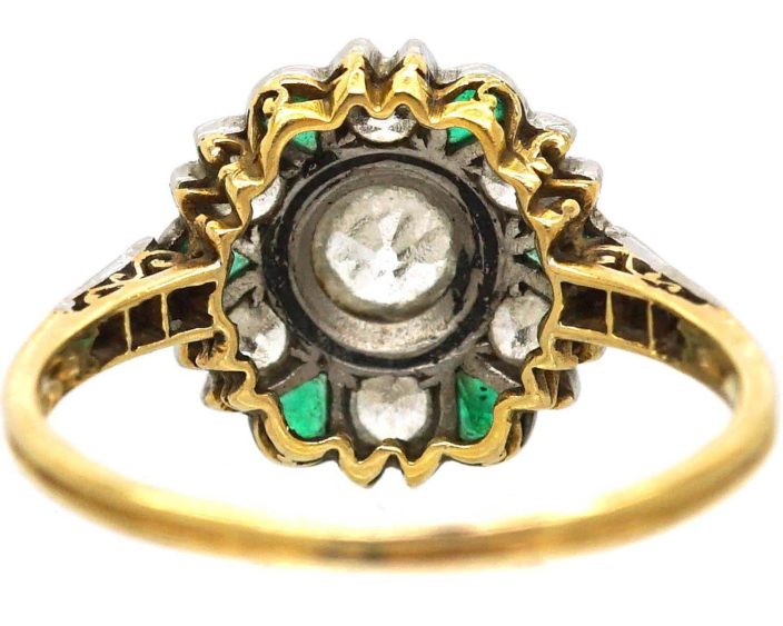 Art Deco 18ct Gold & Platinum, Emerald & Diamond Cluster Ring with Diamond set Shoulders