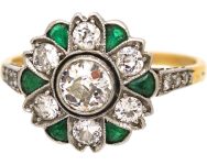 Art Deco 18ct Gold & Platinum, Emerald & Diamond Cluster Ring with Diamond set Shoulders