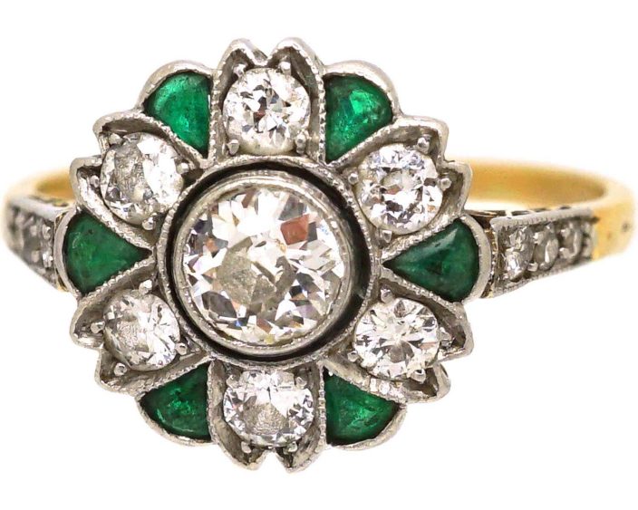 Art Deco 18ct Gold & Platinum, Emerald & Diamond Cluster Ring with Diamond set Shoulders