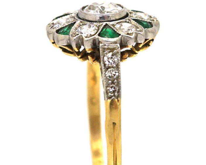 Art Deco 18ct Gold & Platinum, Emerald & Diamond Cluster Ring with Diamond set Shoulders