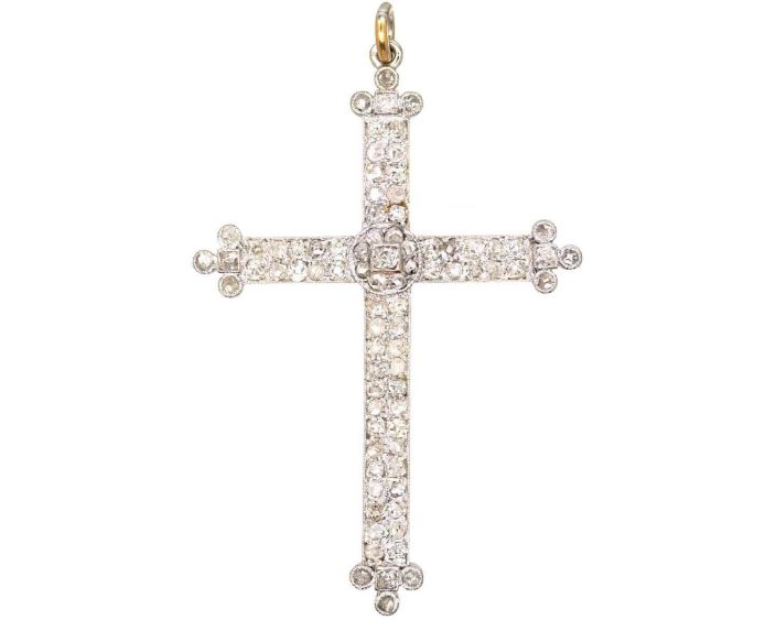 Edwardian 18ct White Gold Diamond Cross Pendant in Original Case