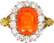 Edwardian 18ct Gold, Fire Opal & Diamond Oval Cluster Ring