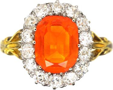 Edwardian 18ct Gold, Fire Opal & Diamond Oval Cluster Ring