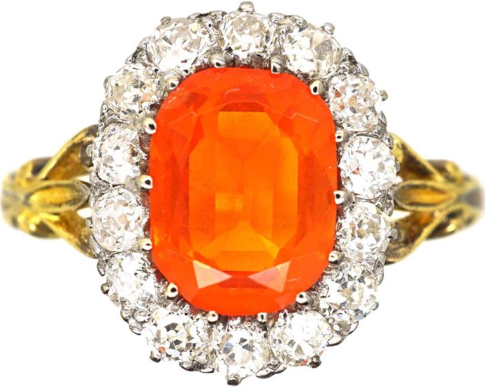 Edwardian 18ct Gold, Fire Opal & Diamond Oval Cluster Ring