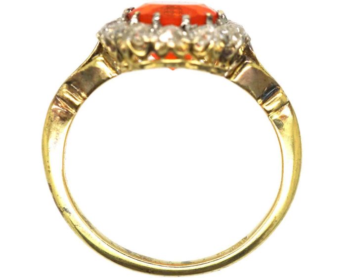 Edwardian 18ct Gold, Fire Opal & Diamond Oval Cluster Ring