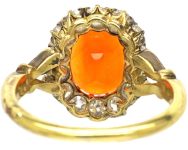 Edwardian 18ct Gold, Fire Opal & Diamond Oval Cluster Ring