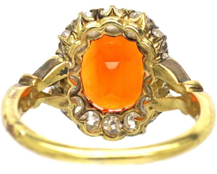 Edwardian 18ct Gold, Fire Opal & Diamond Oval Cluster Ring