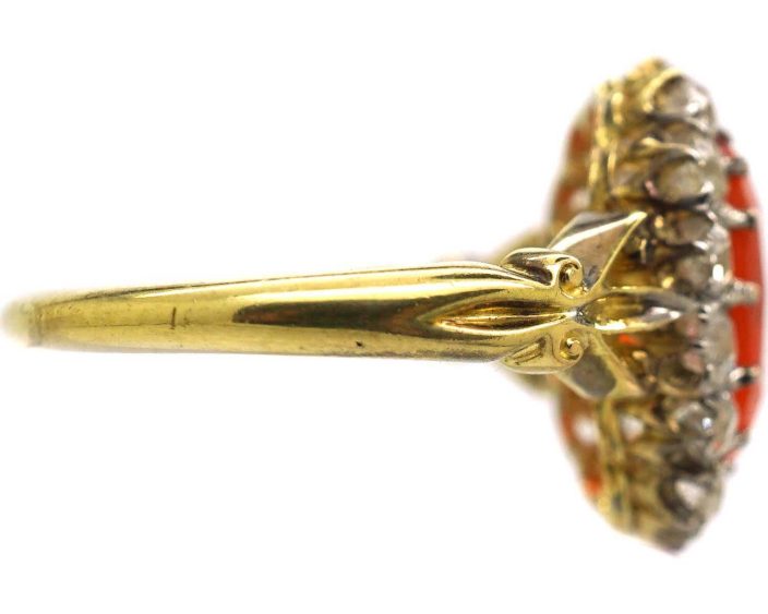 Edwardian 18ct Gold, Fire Opal & Diamond Oval Cluster Ring