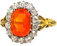 Edwardian 18ct Gold, Fire Opal & Diamond Oval Cluster Ring