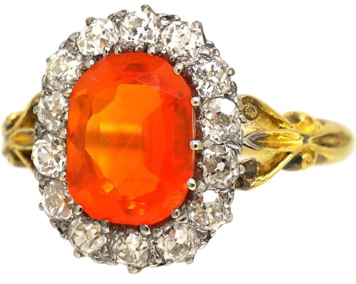 Edwardian 18ct Gold, Fire Opal & Diamond Oval Cluster Ring