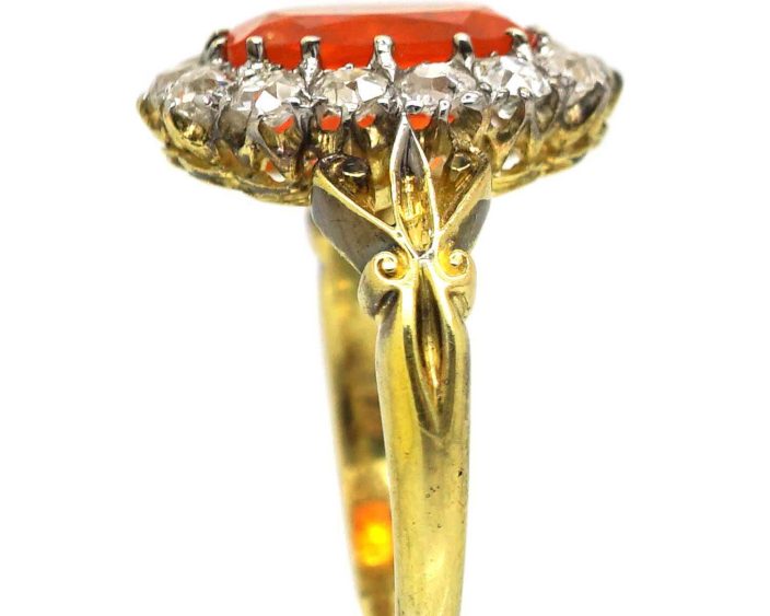 Edwardian 18ct Gold, Fire Opal & Diamond Oval Cluster Ring