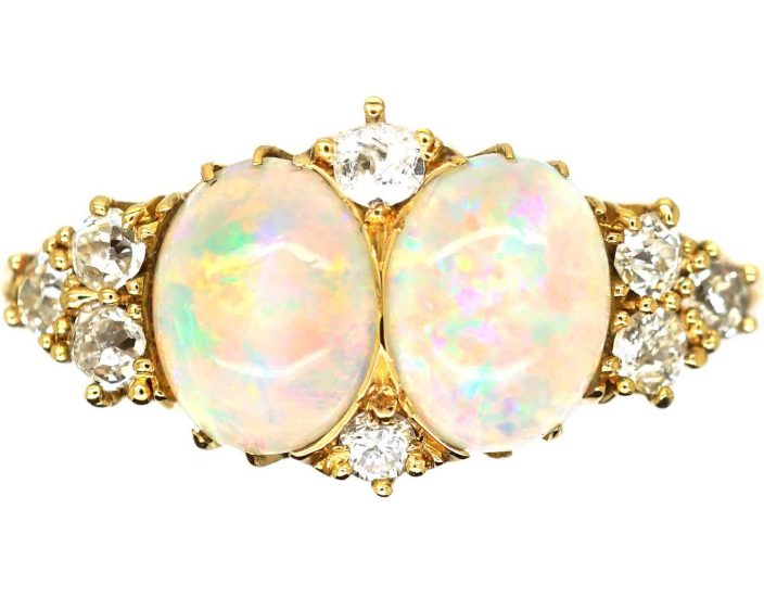 Edwardian 18ct Gold, Two Stone Cabochon Opal & Diamond Ring