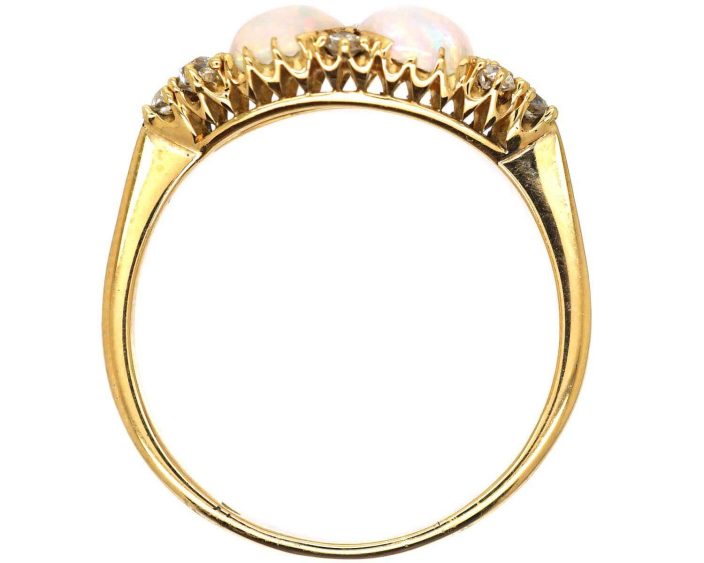 Edwardian 18ct Gold, Two Stone Cabochon Opal & Diamond Ring